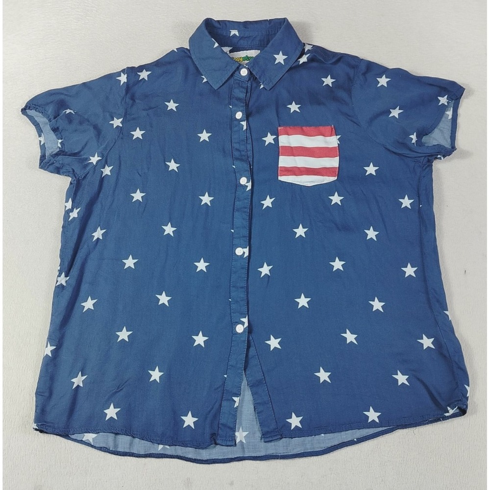 Tipsy Elves Shirt Womens Large Blue Star Print Flag Pocket Button Up Patriotic